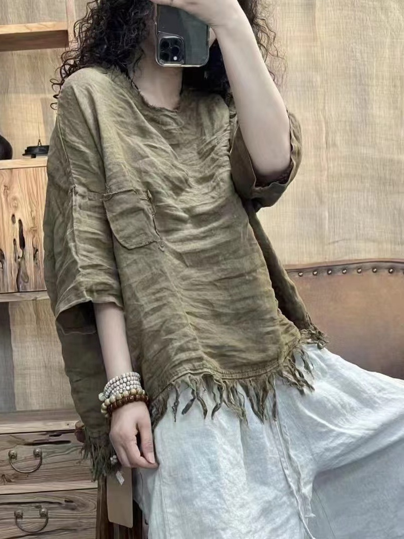 Linen Shirt Breathable - Kemeja Wanita Katun Linen Kasual, Kerah