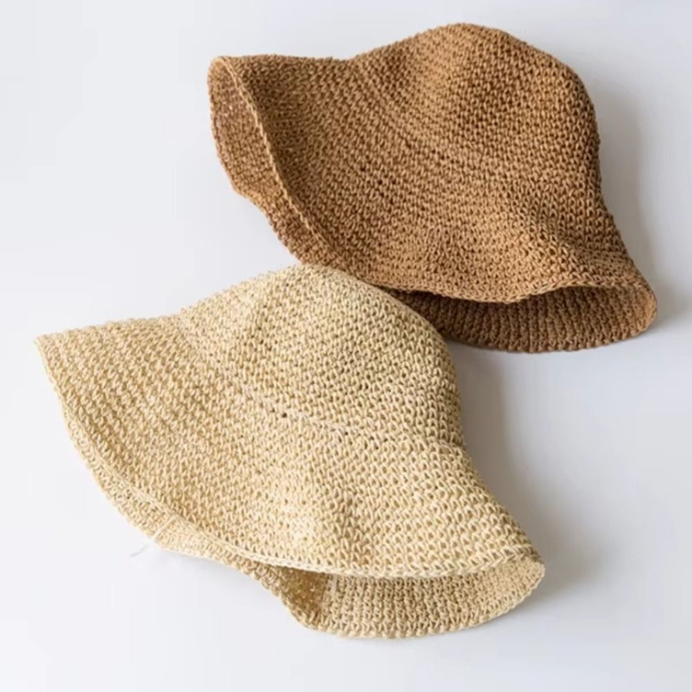 Bucket Hat Straw - Topi Nelayan Warna Solid Topi Pantai