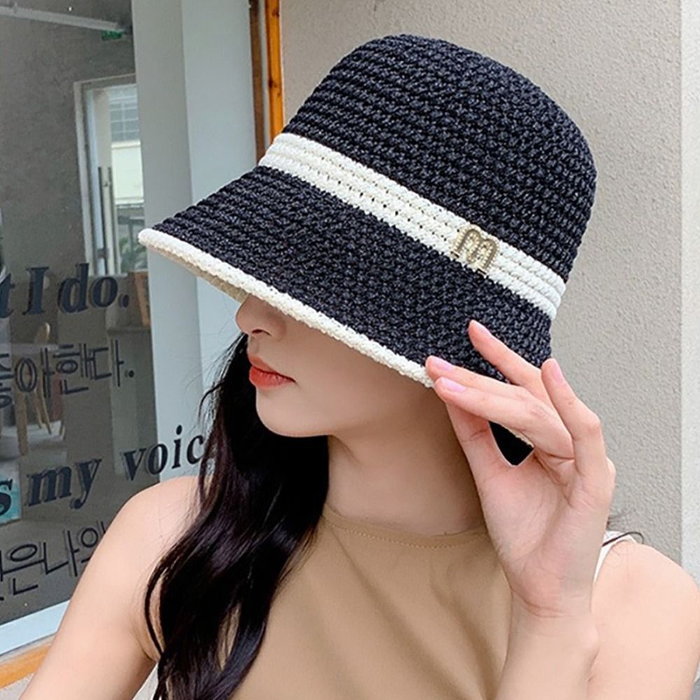Bucket Hat Straw - Topi ember rajutan modis topi pantai