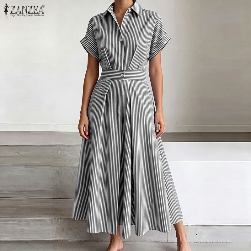 ZANZEA Gaun Bergaris Lengan Pe - Shirt Camp Collar ulasan dan harga