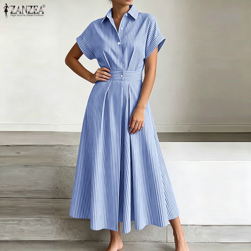 ZANZEA Gaun Bergaris Lengan Pe - Shirt Camp Collar ulasan dan harga