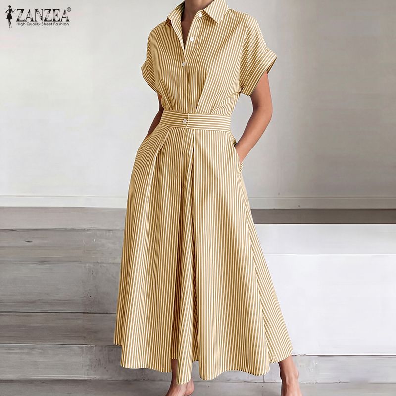 ZANZEA Gaun Bergaris Lengan Pe - Shirt Camp Collar ulasan dan harga